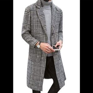 New Men's Polish Plaid Lamb Wool Trench Coat